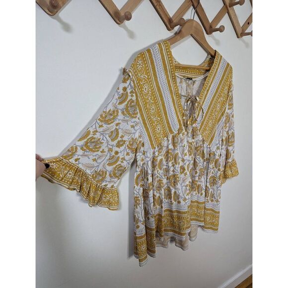 Rachel Zoe Boho Yellow Ivory and Blue Paisley Flowy Top - Size M - Picture 4 of 9